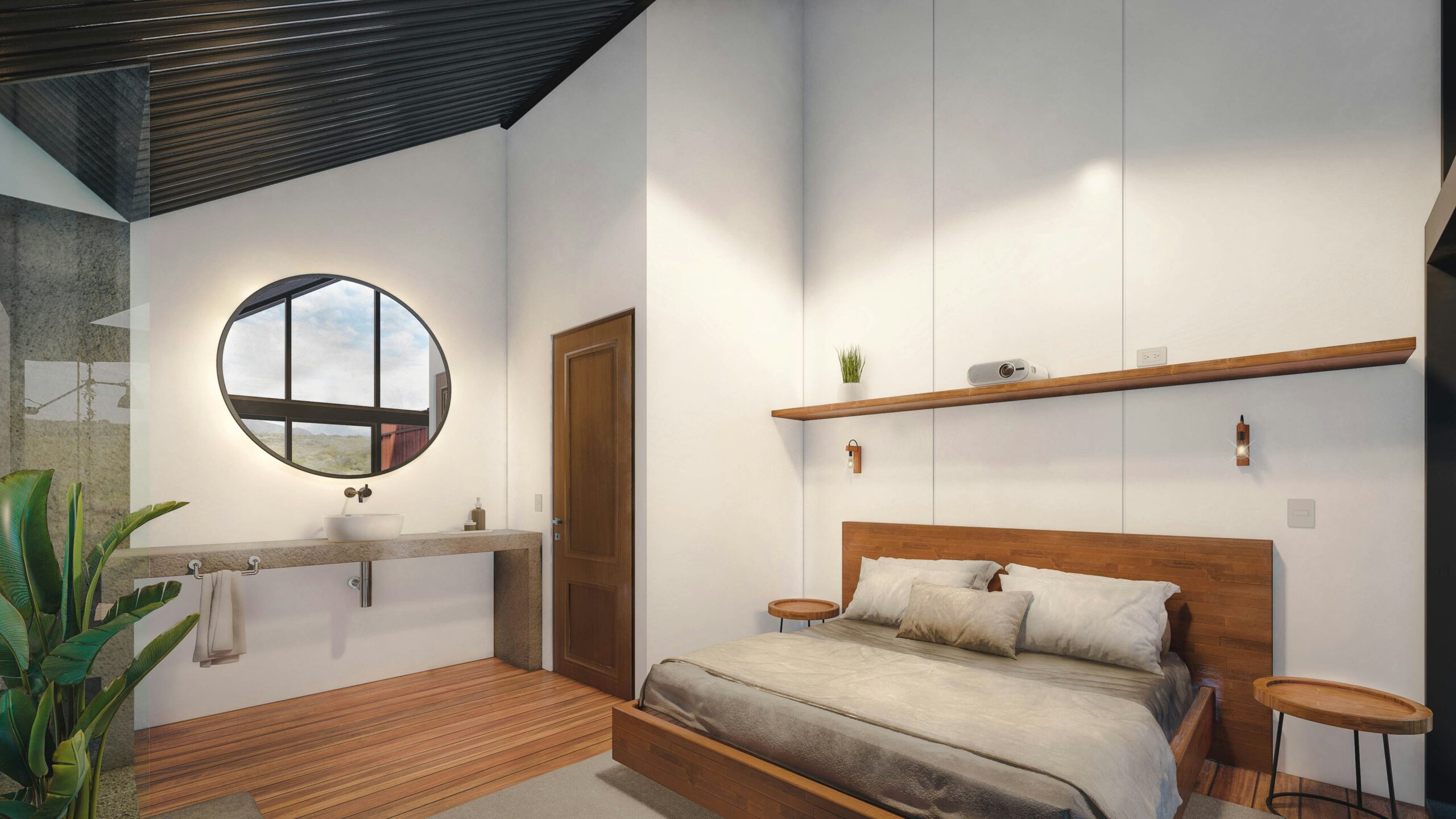 Japandi style bedroom with warm wood bed frame, neutral bedding, round mirror above sink, indoor plant, and minimalist decor creating a calm, modern sanctuary