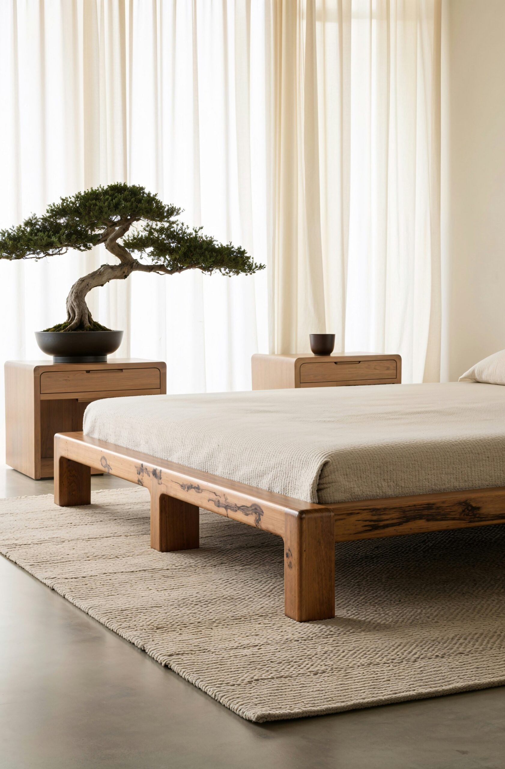 Textured neutral area rug grounding a calm Japandi bedroom.