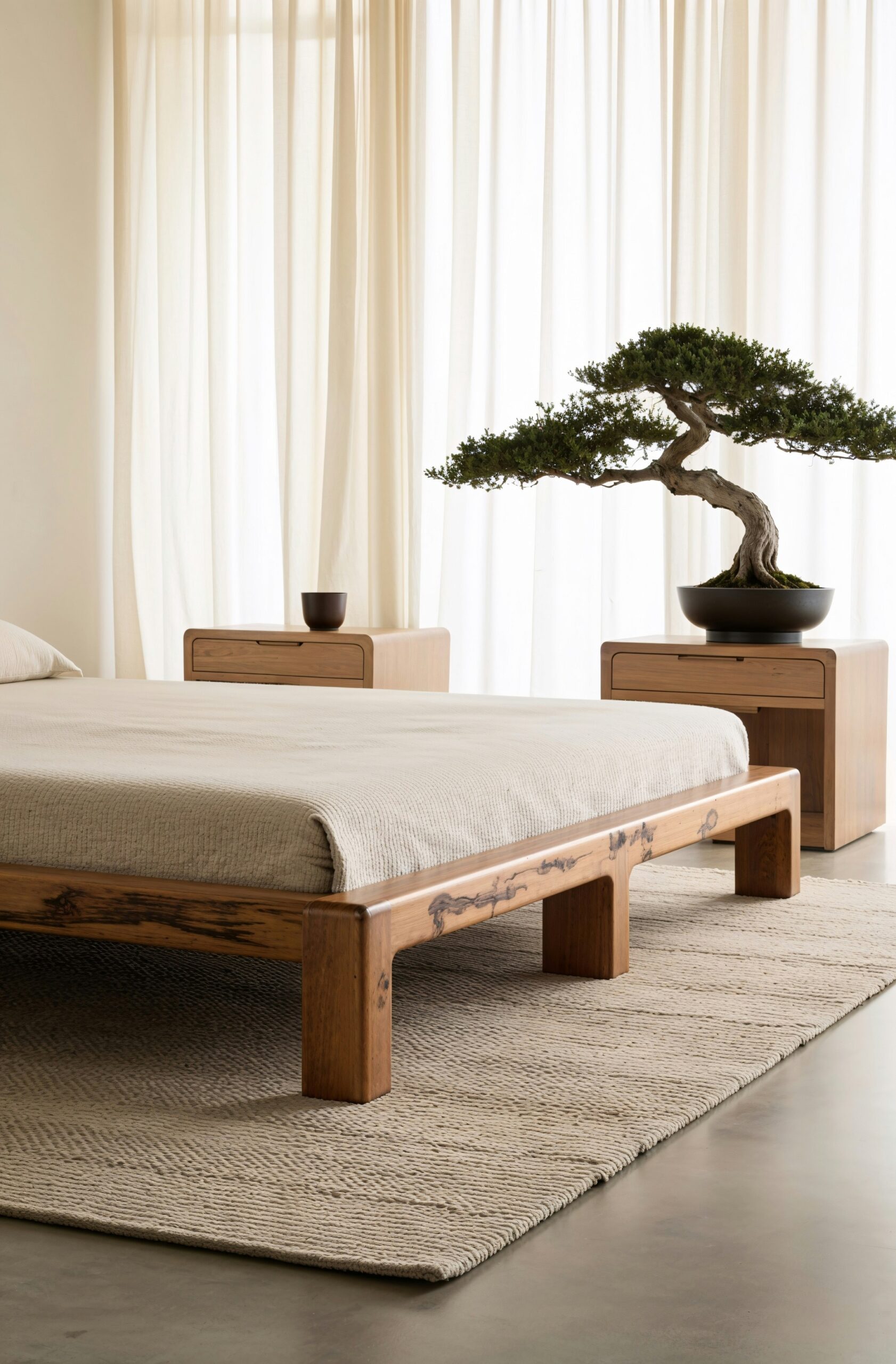 Low platform bed in a calm Japandi bedroom with warm wood and minimal styling.