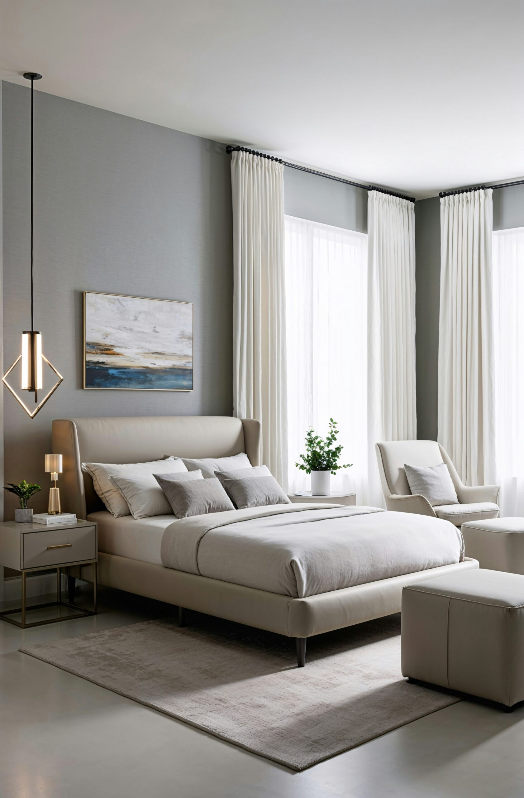 Muted gray Japandi interior with soft textiles, natural wood elements, and a balanced minimal aesthetic.