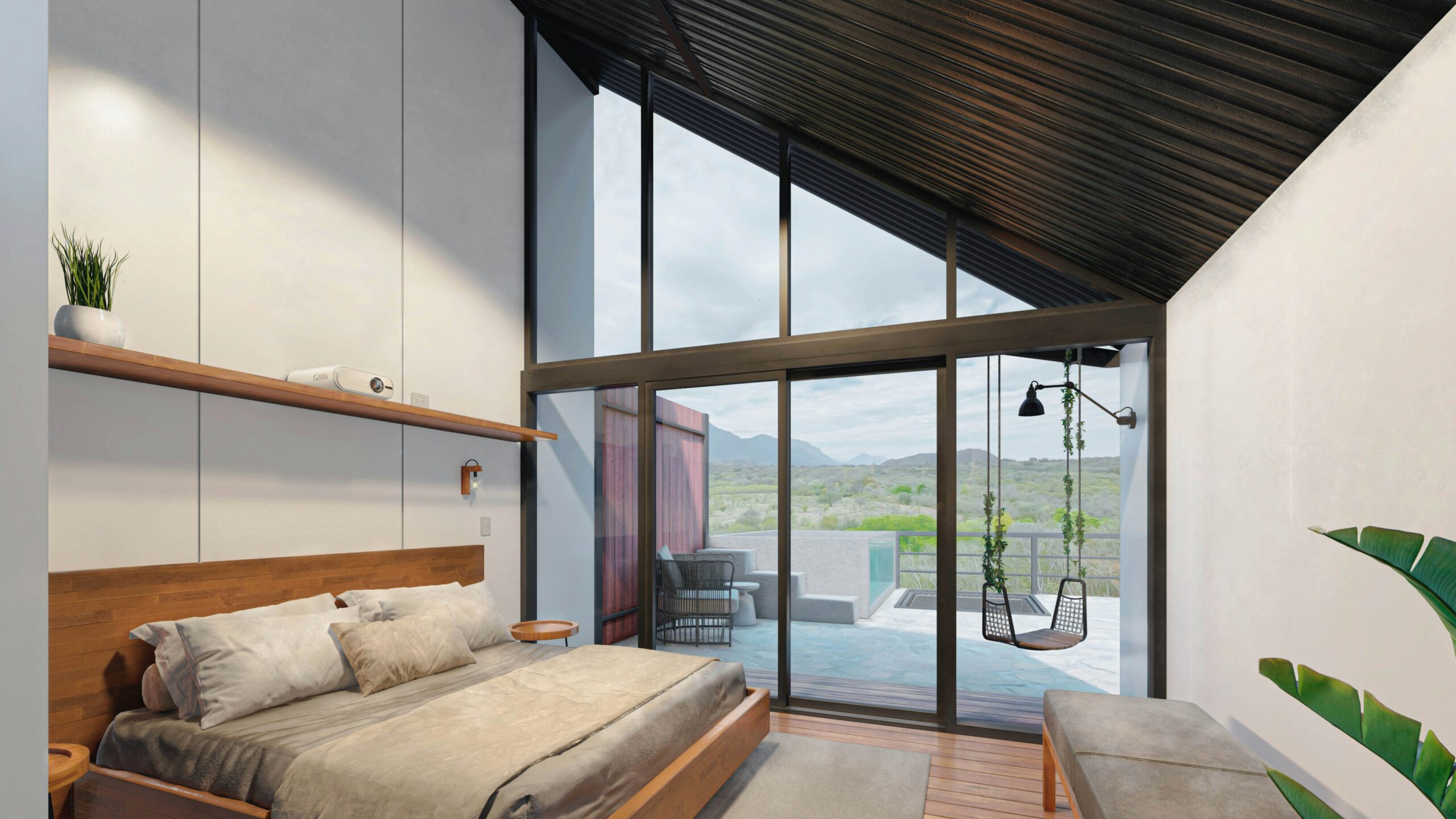 Small minimalist bedroom with open layout, clean spacing, and uncluttered design that feels light and breathable.