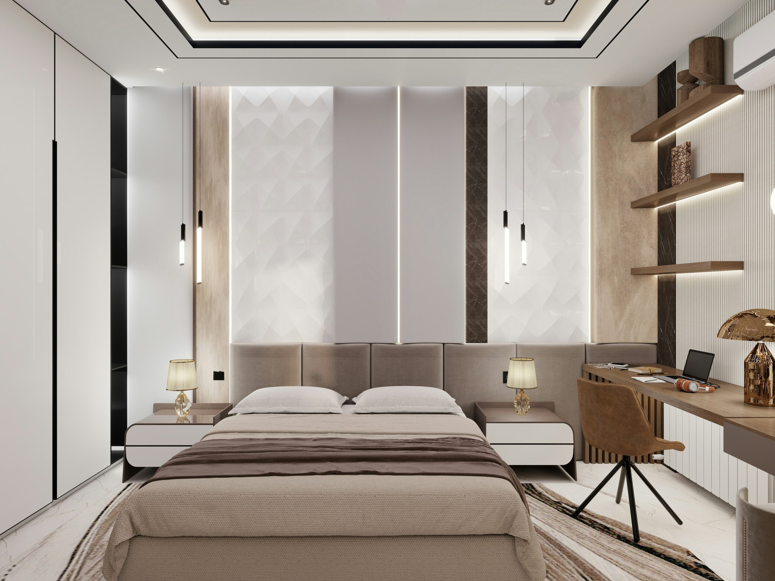 Bedroom with functional end-of-bed space that adds structure and balance to the layout.