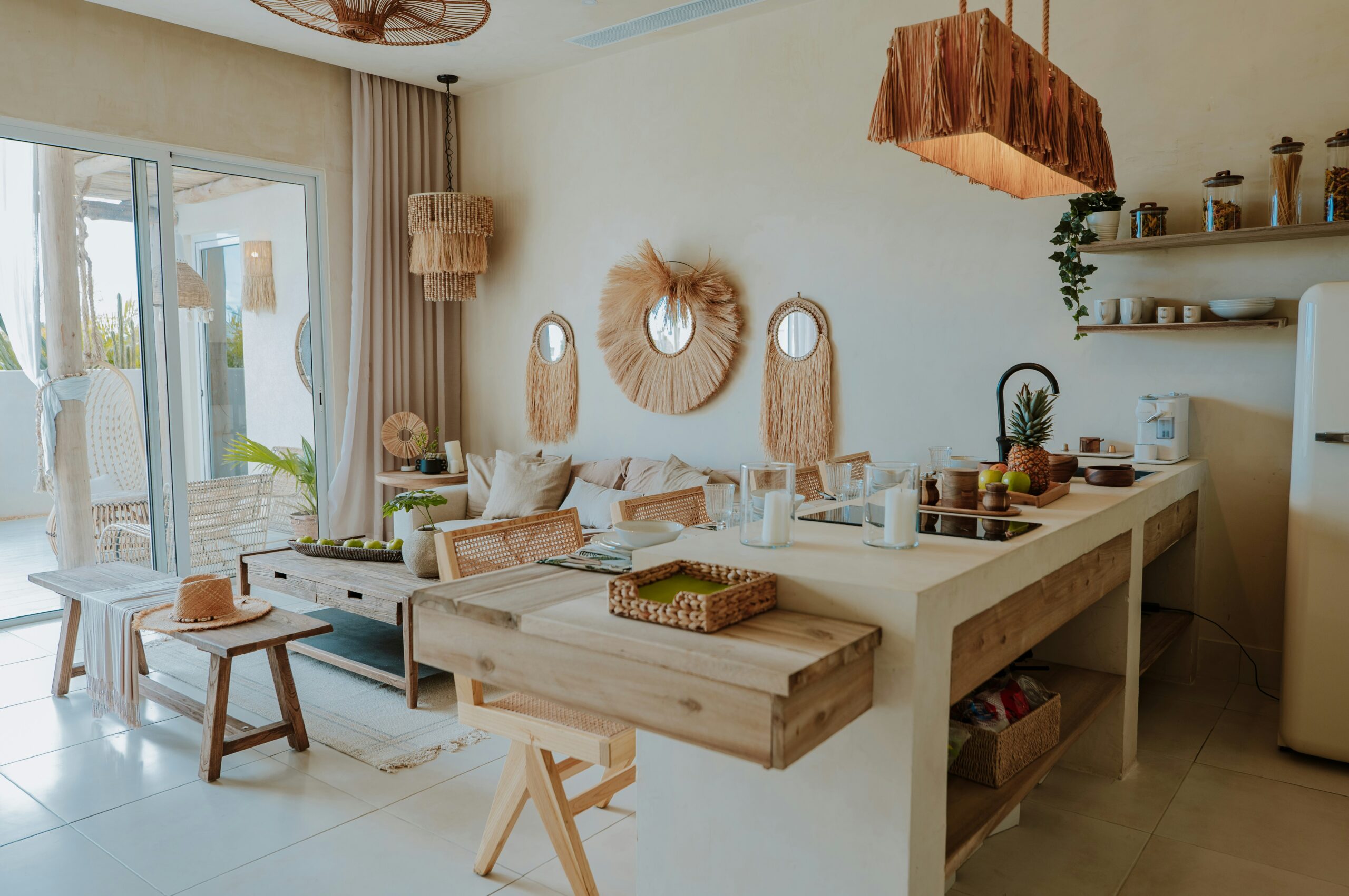 Clean balanced bedroom layout with soft neutral flow