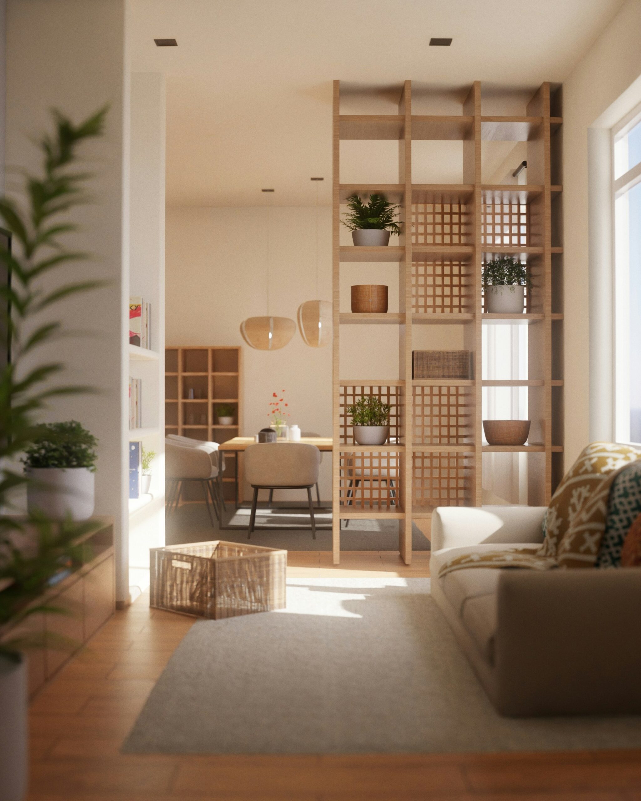 Warm Japandi living space with light wood shelving, open structure, and natural textures that soften the room.