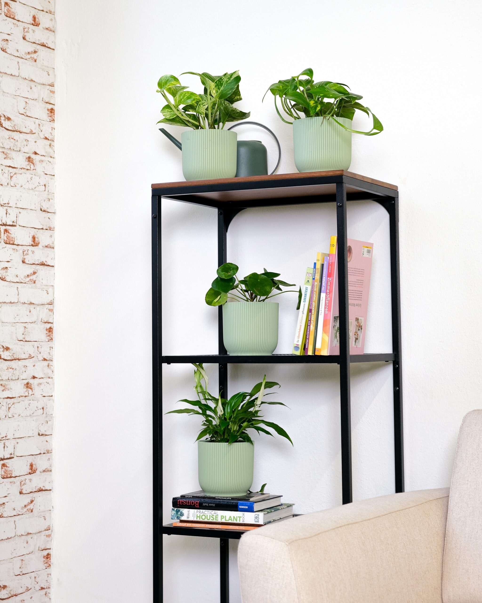 Minimal shelf styling with indoor plants in soft green pots adding a natural touch to a clean Japandi space.