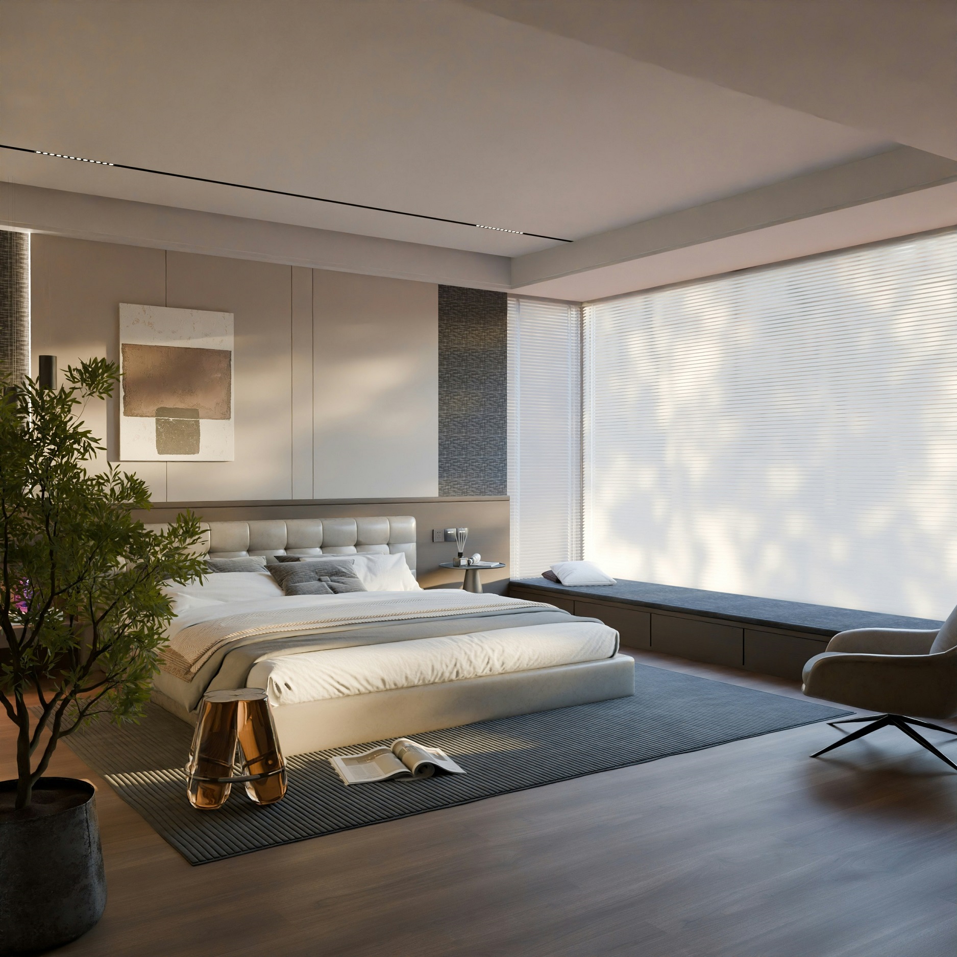 Minimal bedroom furniture arranged with proportion and clean spacing.
